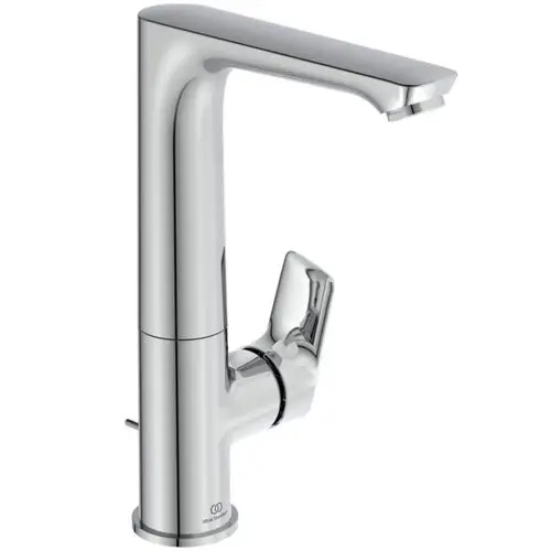 Chromfarbener Waschbeckenarmatur von Ideal Standard mit einem hohen schwenkbaren Auslauf und einem Hebel zur Regulierung des Wasserflusses.